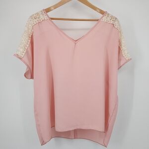 Sheer Dolman Sleeve Crocheted Shoulder Double V Popover Top Pink Cream 2X